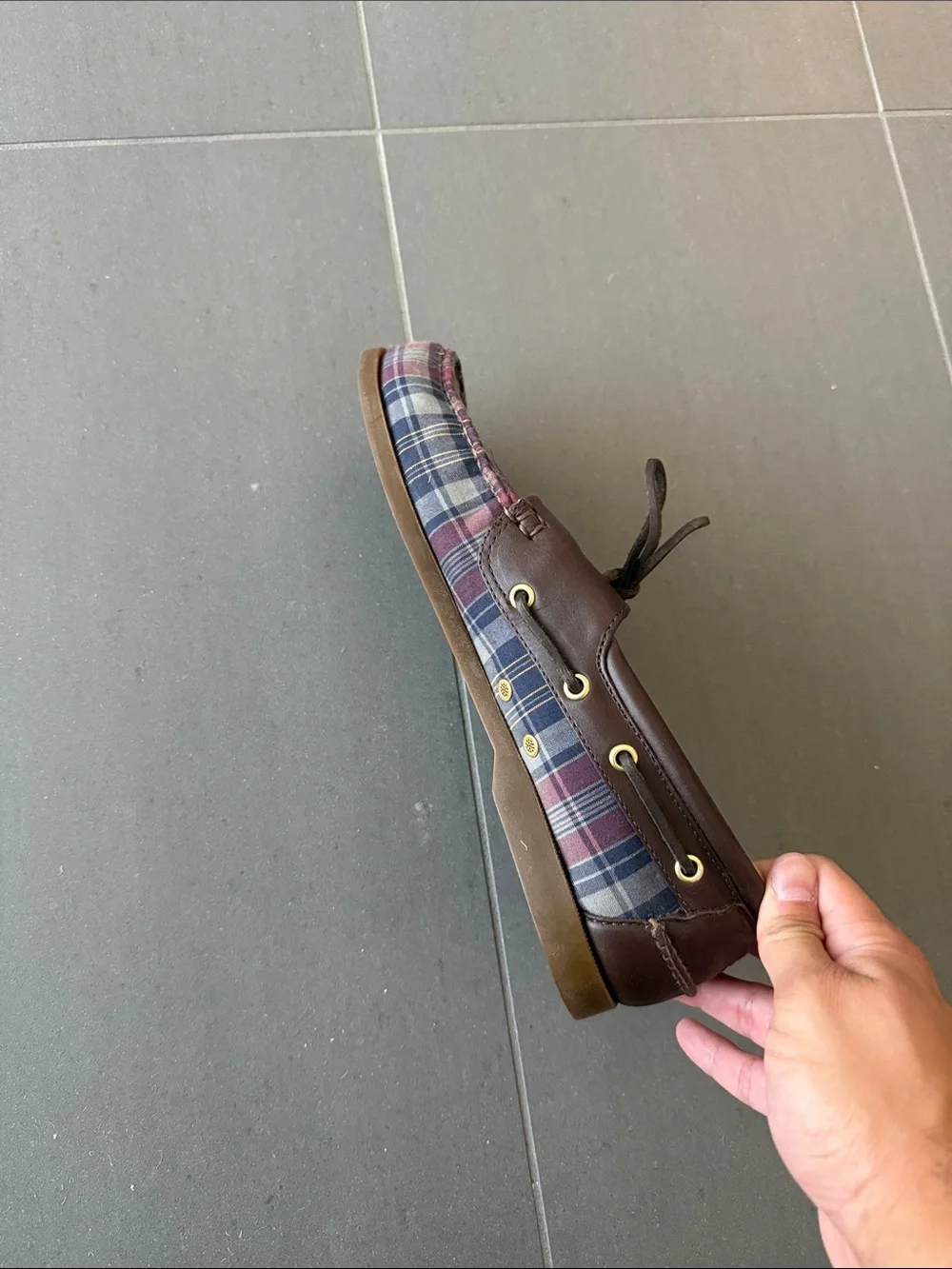 Brooks Brothers Brown Leather Boat Shoes with Blue & Red Plaid